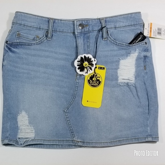 Black Daisy Denim Skirt Jean Light Blue Wash - Picture 2 of 5